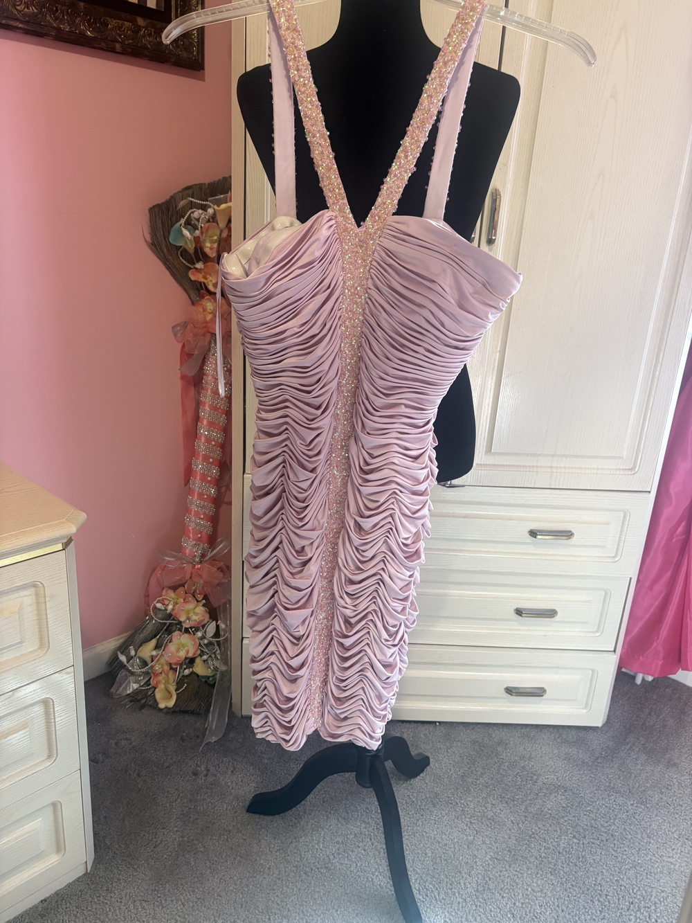 Blush Pink Ruched Midi Dress with Beaded V-Strap